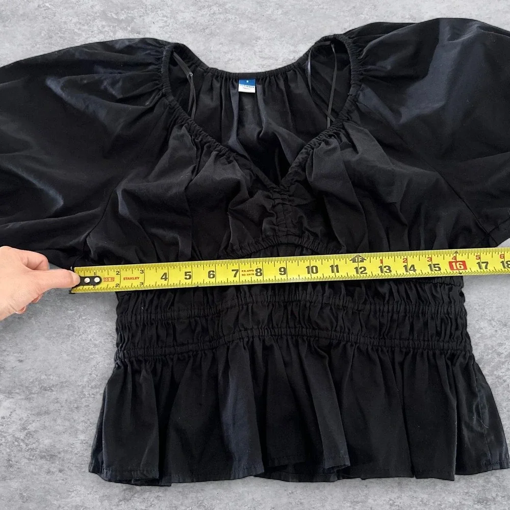 Old Navy Womens Black Cotton Poplin Smocked Peplum Puff Sleeve V-Neck Blouse S